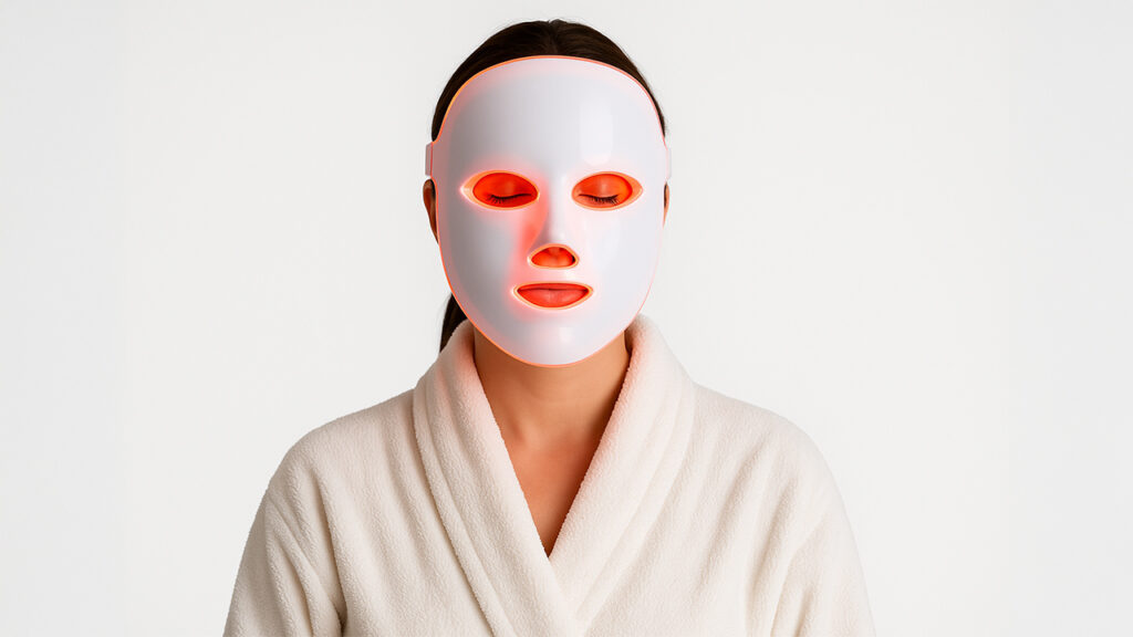 Frau im weißen Bademantel trägt eine leuchtende LED-Gesichtsmaske für Lichttherapie vor weißem Hintergrund