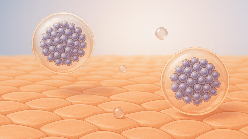 Illustration zeigt Exosomen auf einer hautfarbenen Oberfläche, transparente Bläschen mit violetten Partikeln in einem kosmetisch-wissenschaftlichen Stil.