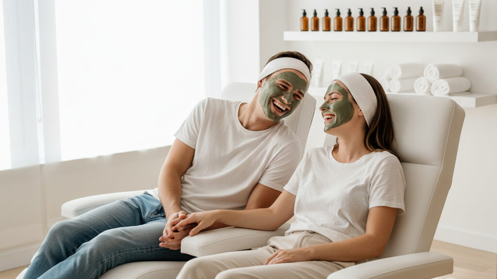 Mann und Frau sitzen nebeneinander in einem Kosmetikstudio, tragen beide eine grüne Gesichtsmaske und lachen sich fröhlich an.