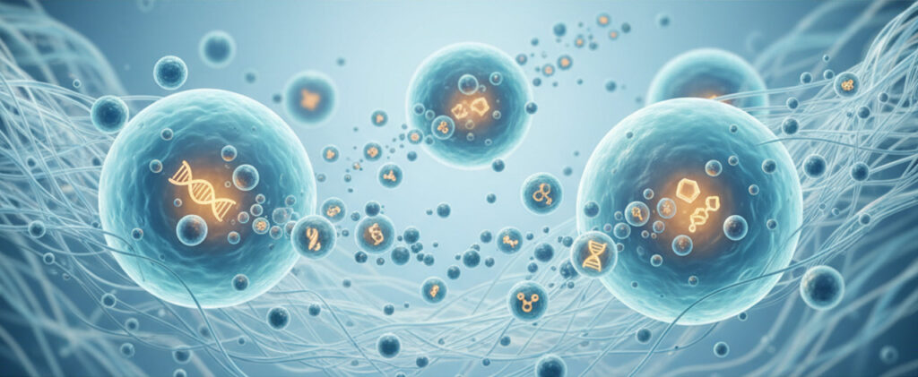 Illustration: Zellen tauschen winzige Exosomen aus, die Wachstumsfaktoren, Proteine und genetische Signale als Informationen für Reparatur- und Regenerationsprozesse transportieren.
