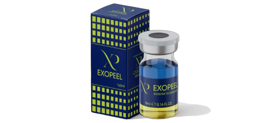 EXOPEEL – Fläschchen mit blau-gelber Flüssigkeit, silberner Deckel, blaue Verpackung im Hintergrund