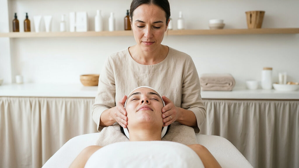 Kosmetikerin untersucht die Gesichtshaut einer jungen Kundin im hellen, minimalistischen Studio (Collagen Banking, Prävention).