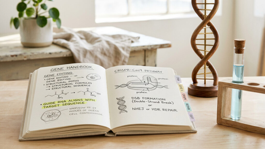 Aufgeschlagenes „Gene Handbook“ mit DNA-Modell und Laborfläschchen als Symbol für Epigenetik und Gensteuerung.
