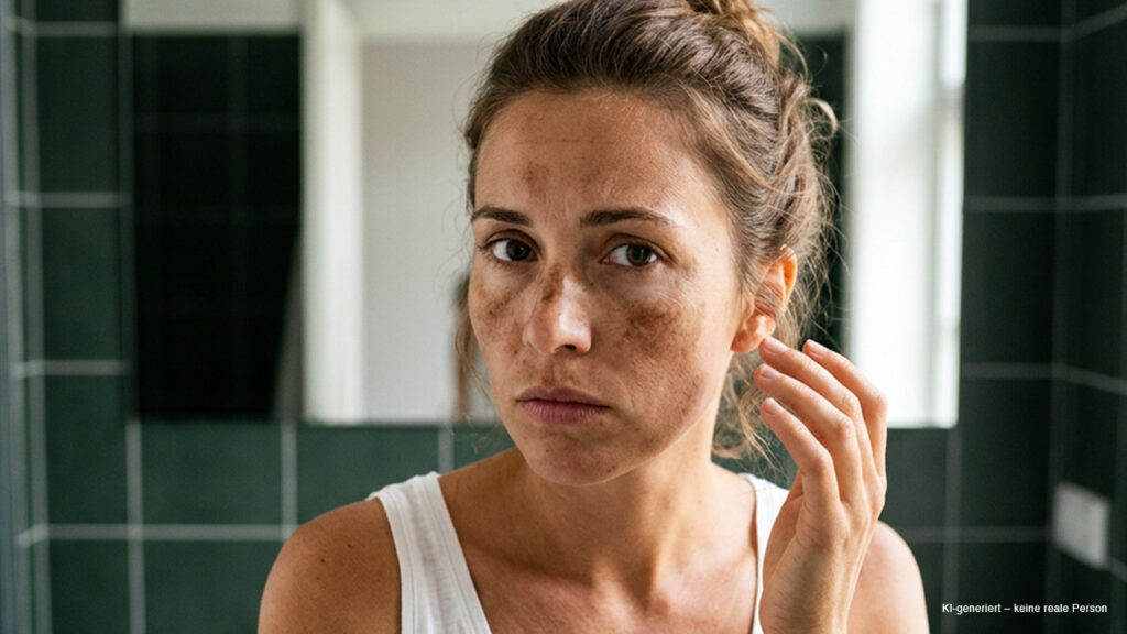 Junge Frau mit deutlich verstärkten Pigmentflecken im Gesicht blickt nach dem Sonnenbaden ernst in die Kamera