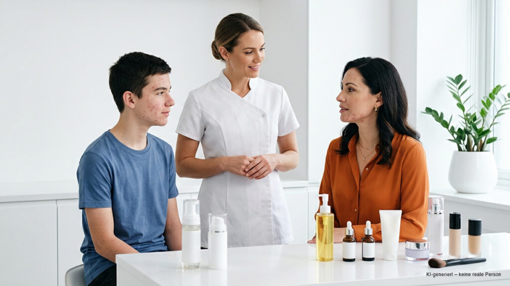 Jugendlicher mit Akne im blauen T-Shirt und erwachsene Frau in orangefarbener Bluse sprechen mit einer Kosmetikerin im weißen Kosmetikstudio.